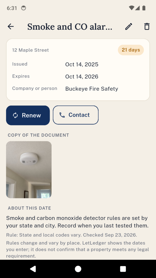 One certificate: its dates, a photo, who issued it, and Renew.