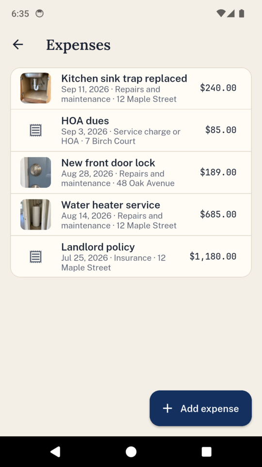 Expenses per property, each with a photo of the receipt.