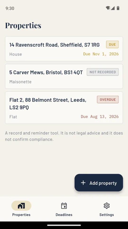 The LetProof properties list, three properties with due, not recorded and overdue states