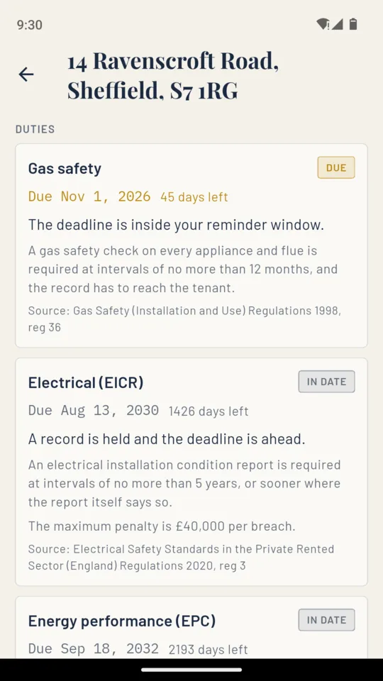 A LetProof property screen with the gas, electrical and energy duties, each naming its regulation