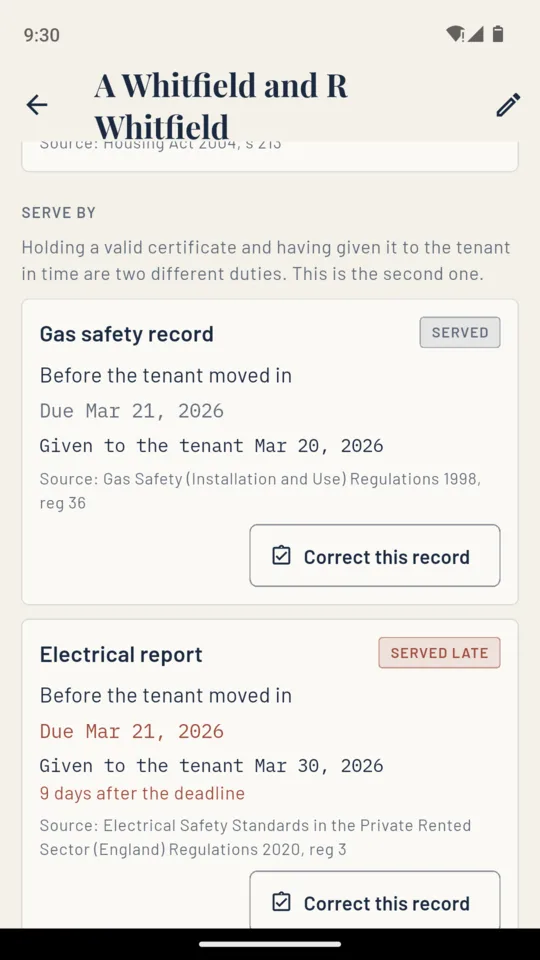 The LetProof serve-by screen: a gas safety record served on time and an electrical report served nine days after the deadline