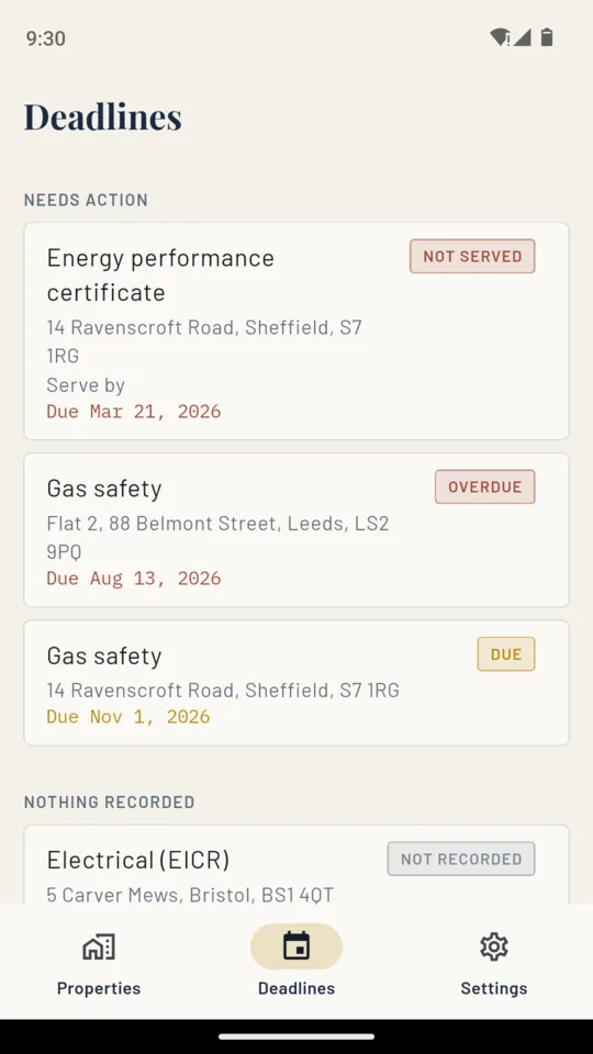 The LetProof deadlines tab grouped into needs action, nothing recorded and coming up
