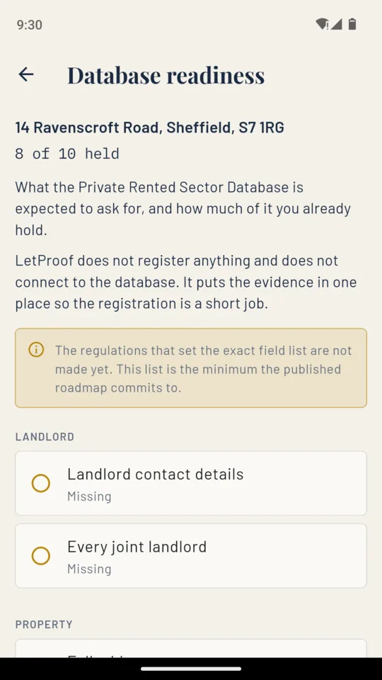 The LetProof database readiness screen on a phone