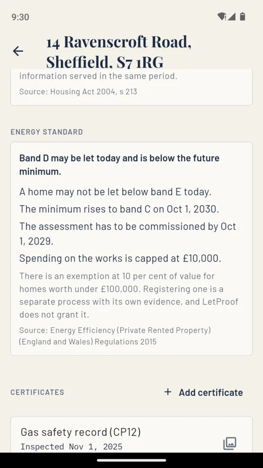 The LetProof energy standard card: band D may be let today and is below the future minimum