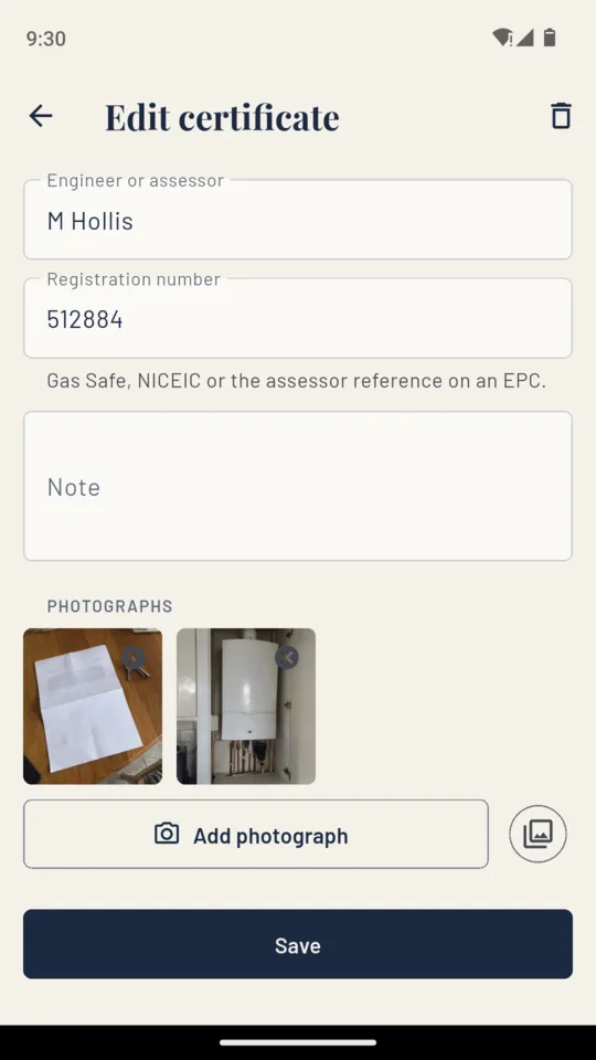 A LetProof certificate record with two photographs attached