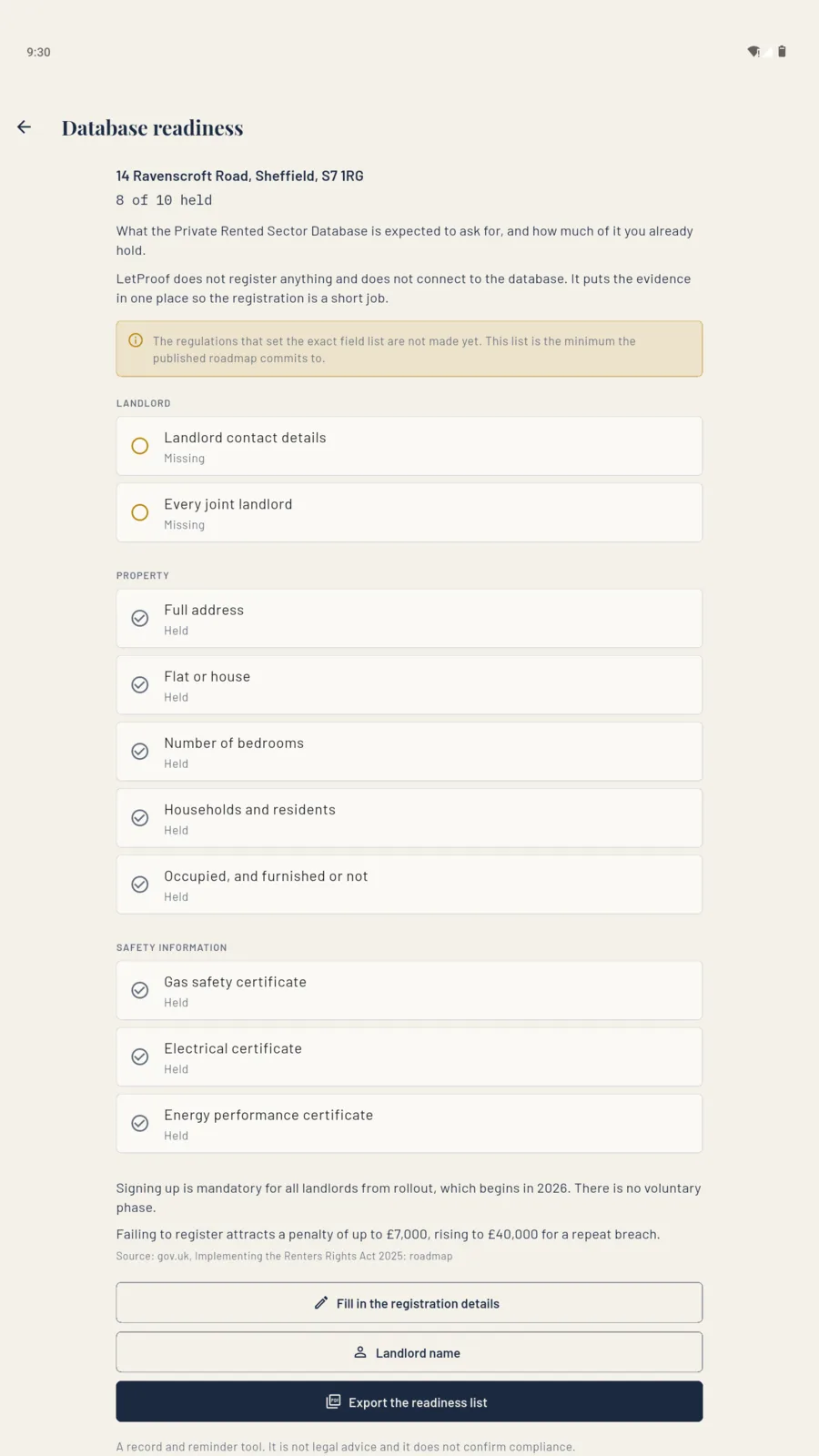 The LetProof database readiness list on a tablet, showing eight of ten records held