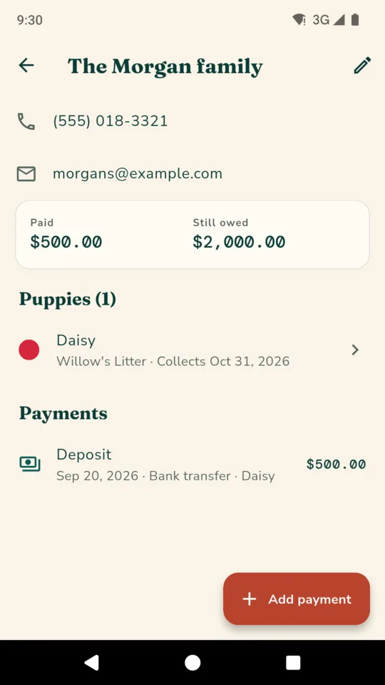 A buyer: phone and email, the deposit paid and the balance still owed.