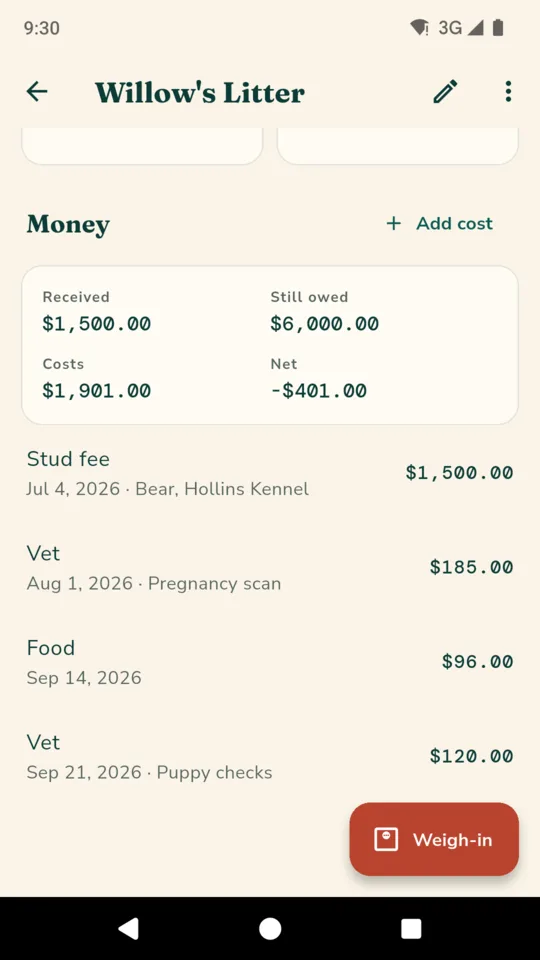 Litter money: received, still owed, costs and the net, with the stud fee and vet bills listed.