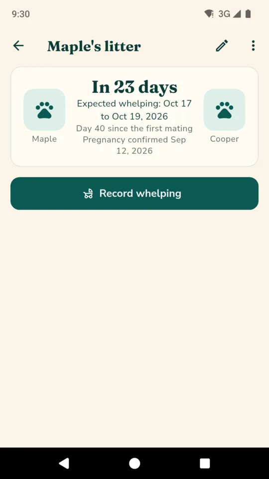 The next litter: 23 days to the whelping window, worked out from two mating dates.