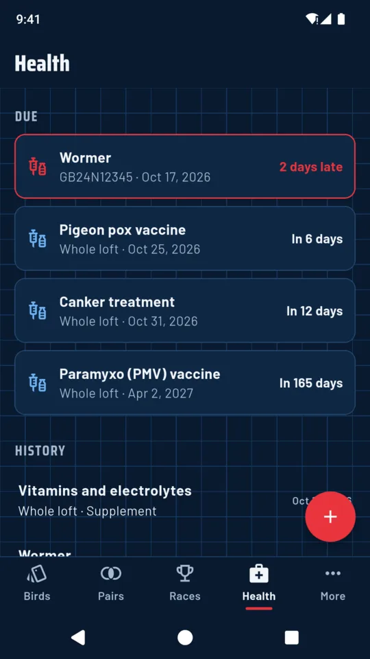 Health: boosters due and late, and the treatment history.