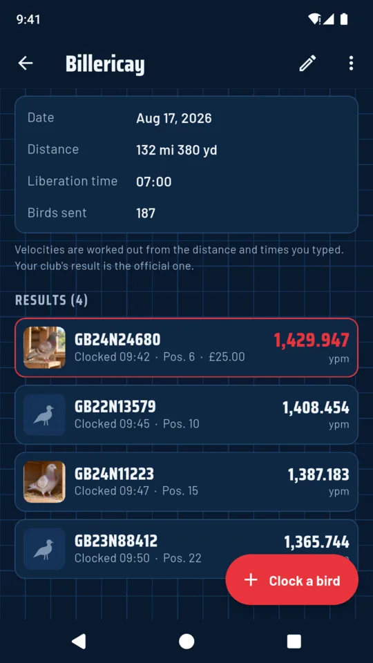 A race: every bird clocked in, fastest first, with positions and prize money.