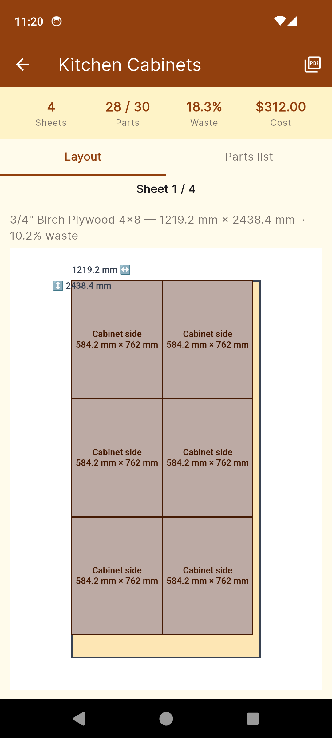 LumberList optimized cut layout per sheet