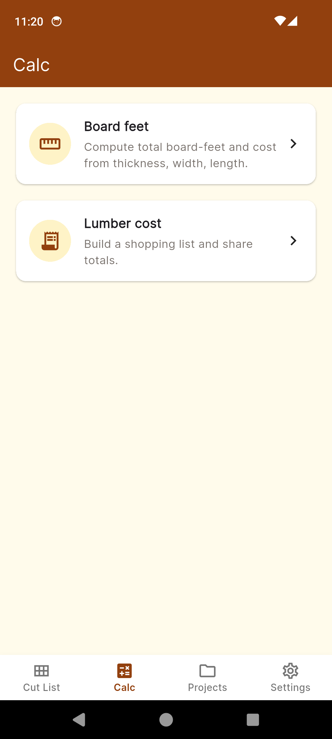 LumberList calculators menu