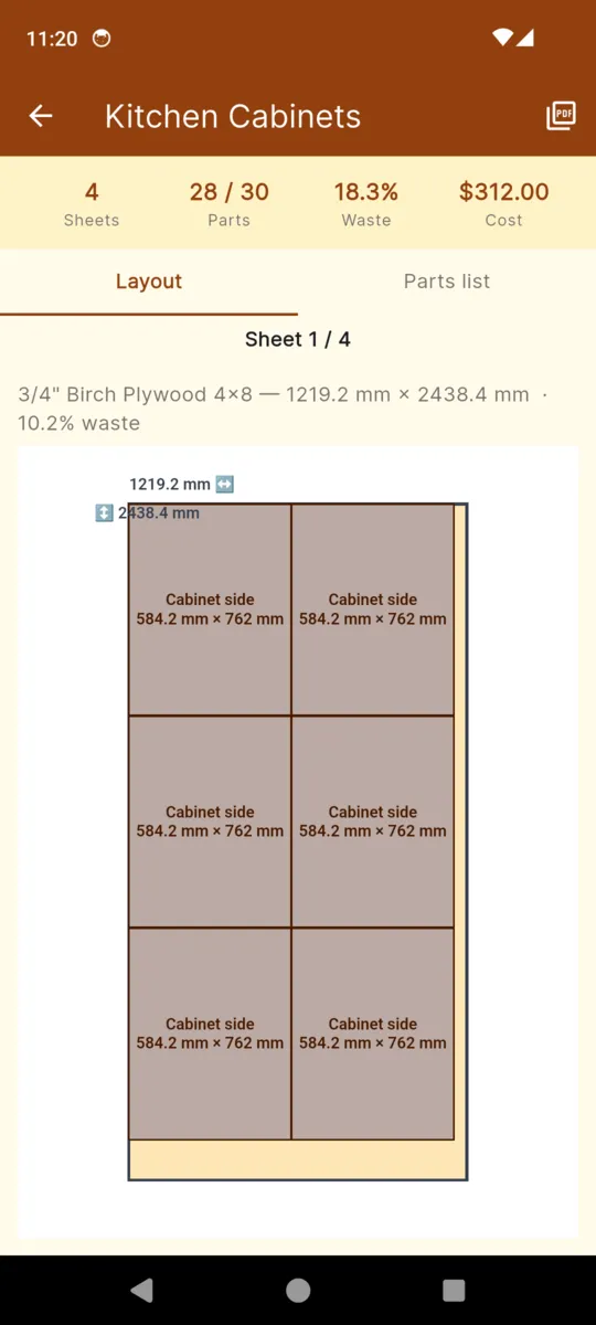 A LumberList cut result: four sheets, 28 of 30 parts placed, 18.3 percent waste and 312 dollars of stock, above a scale drawing of sheet 1 with each cabinet part labelled in place