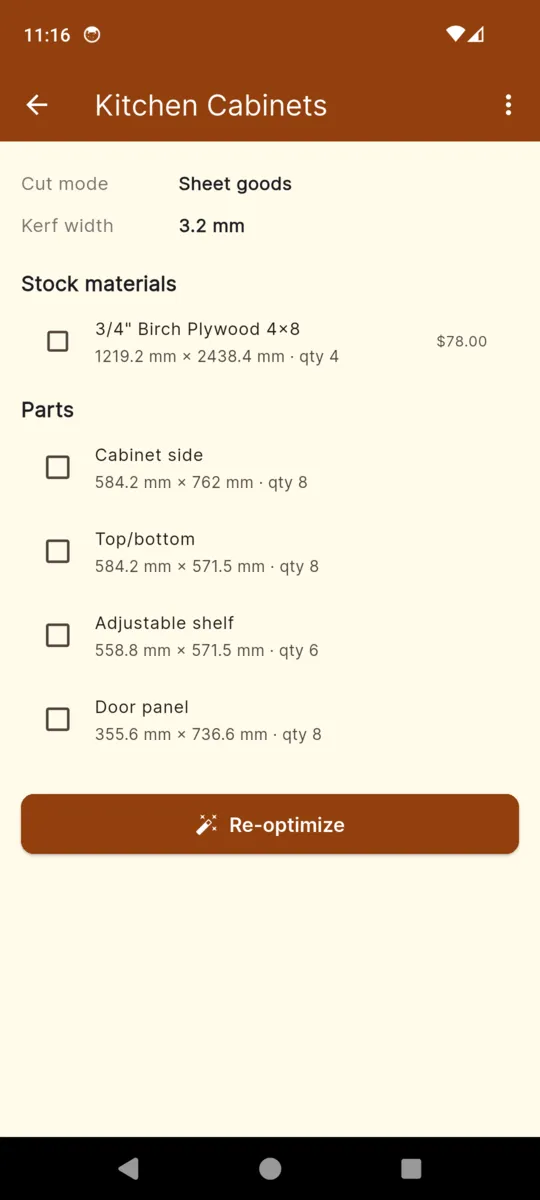 A LumberList project showing sheet mode with a 3.2 mm kerf, the stock material, and a parts list of cabinet sides, tops, shelves and door panels with quantities