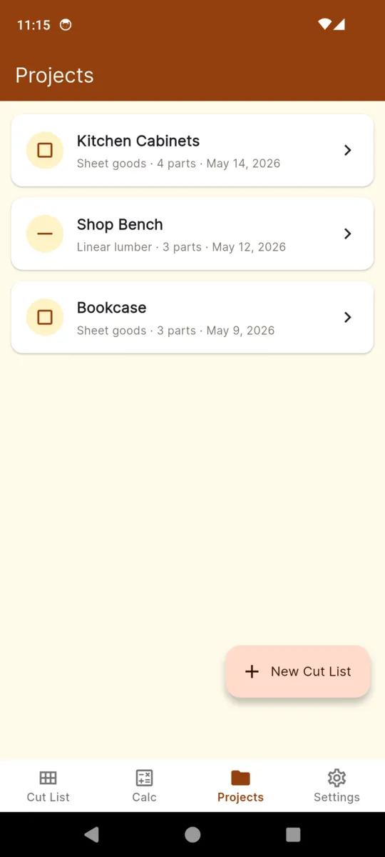 The LumberList project list with three saved projects: Kitchen Cabinets in sheet goods, Shop Bench in linear lumber and Bookcase, each showing its part count and date