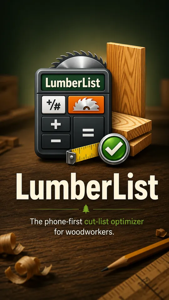 LumberList launch screen: a calculator and stacked boards on a dark timber background, with the line The phone-first cut-list optimizer for woodworkers