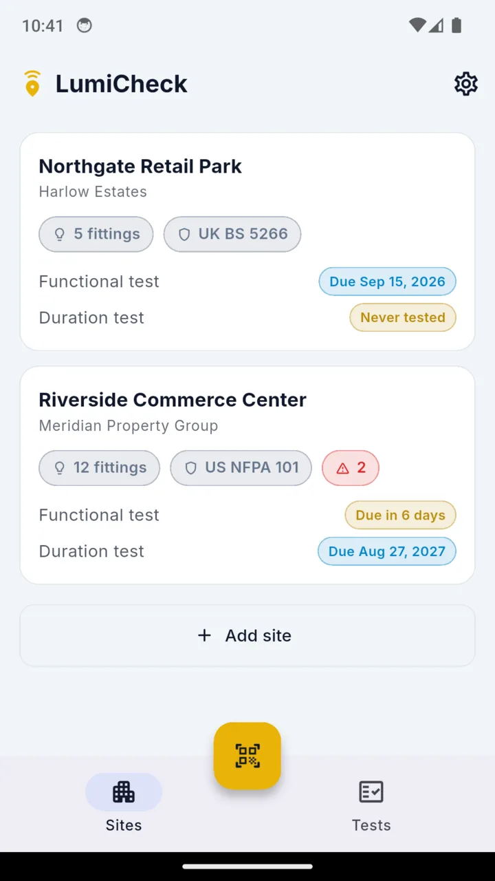 The LumiCheck site list showing two sites with their functional and duration test due dates