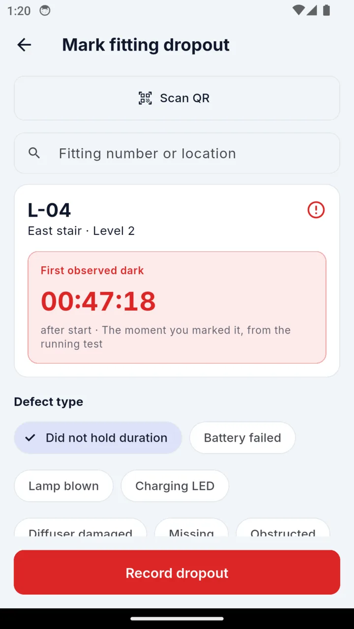 The dropout screen for fitting L-04 showing a first observed dark time of 00:47:18 and a list of defect types