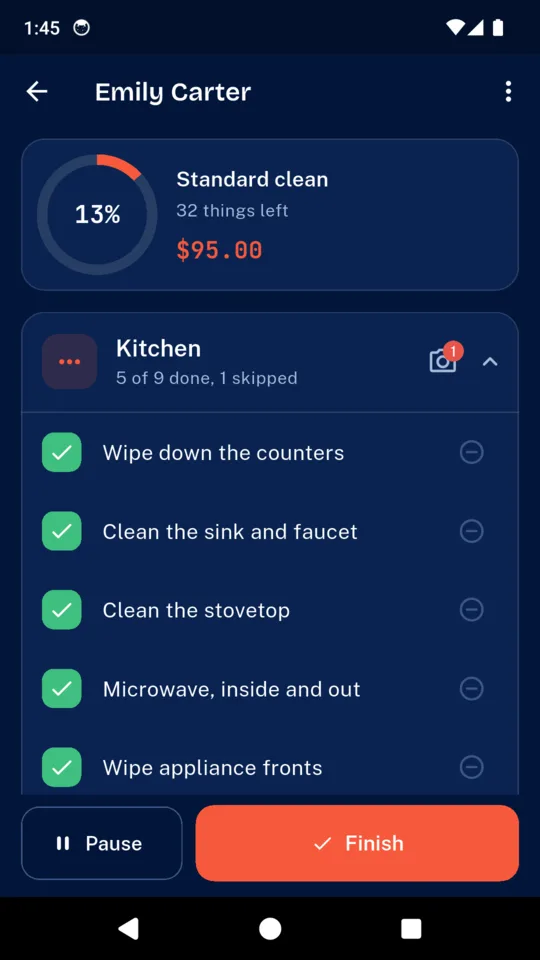 Emily Carter's standard clean at 13 percent, with the kitchen tasks ticked and a Finish button