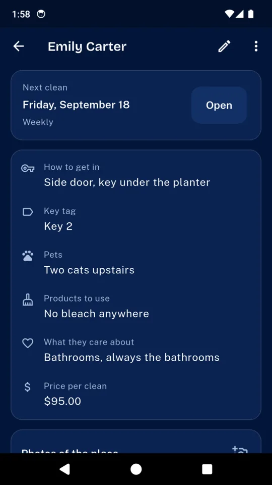 Emily Carter's client card: side door key under the planter, key 2, two cats upstairs, no bleach anywhere, bathrooms always the bathrooms, $95 per clean