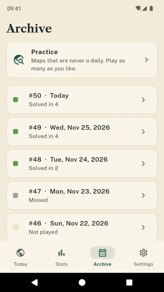 Archive: every past day with its result, and practice maps.