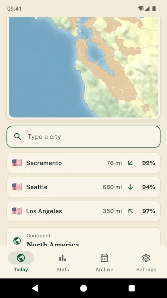 Three guesses, Sacramento, Seattle and Los Angeles, each with a distance and an arrow