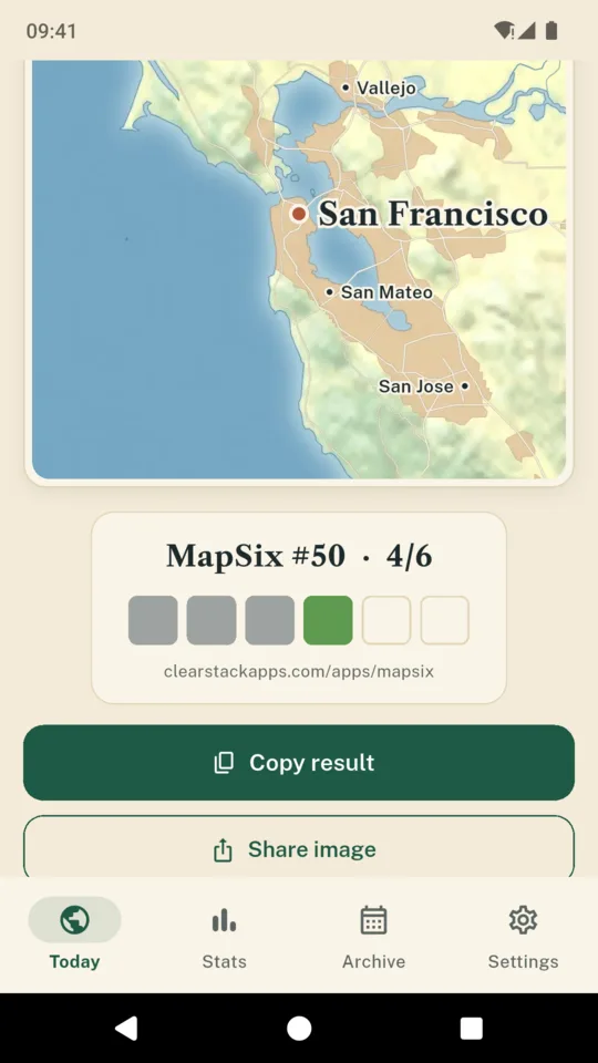 Share: six squares and the map number, never the answer.