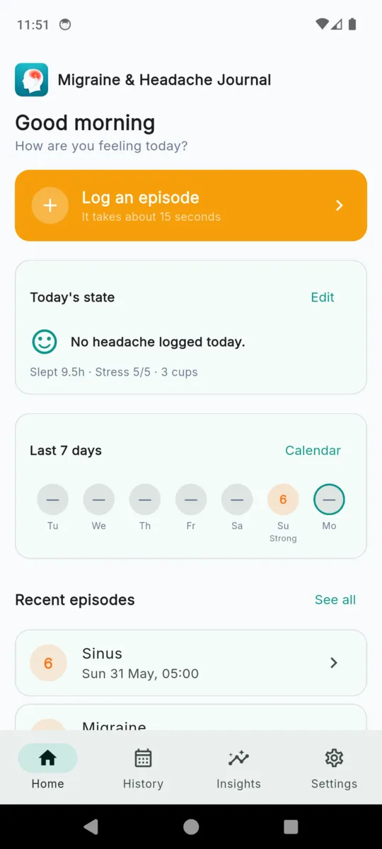 The MigraineLog home screen with a Log an episode button, a today's state card, a last-seven-days strip and a list of recent episodes