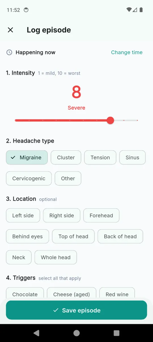 The MigraineLog log-episode screen showing intensity 8 marked Severe on a slider, headache type chips, location chips and trigger chips