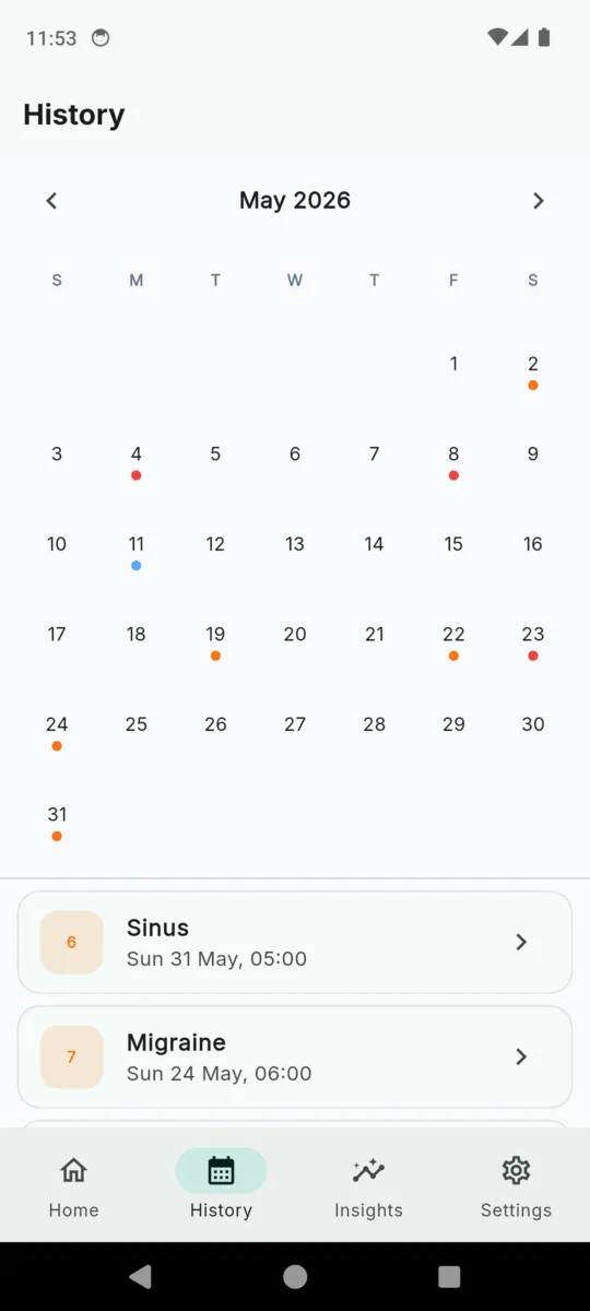 The MigraineLog history screen with a month calendar marking days that had episodes, and dated entries listed underneath