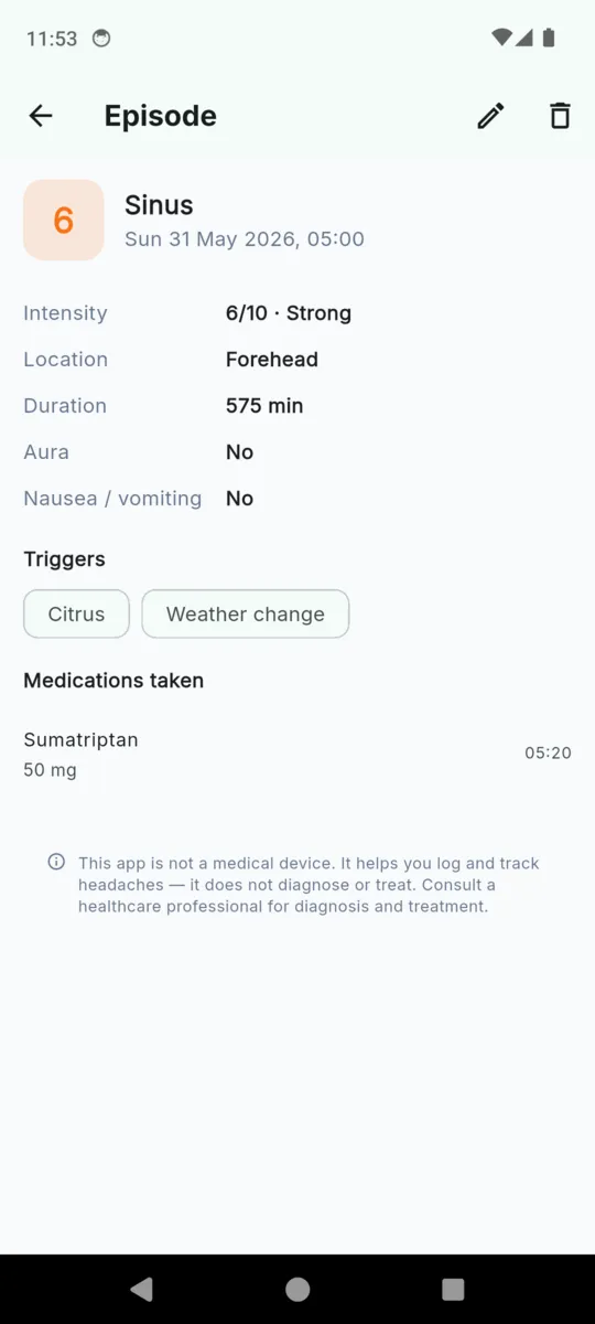 A MigraineLog episode detail screen listing intensity, location, duration in minutes, aura, nausea, triggers and the medications taken, above the not-a-medical-device notice
