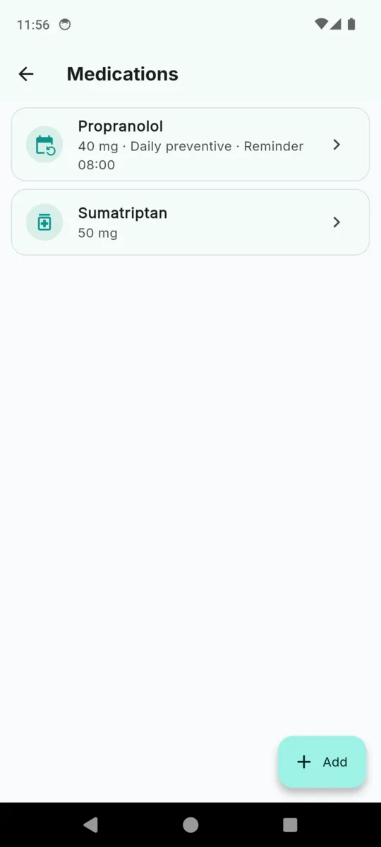 The MigraineLog medications screen listing a daily preventive with its dosage and reminder time, and a second medication with its dose