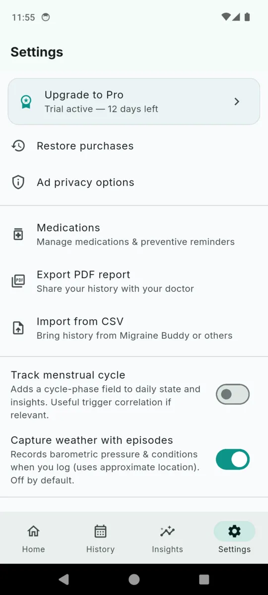 The MigraineLog settings screen with medications, PDF export, CSV import, a menstrual cycle toggle and a weather capture toggle