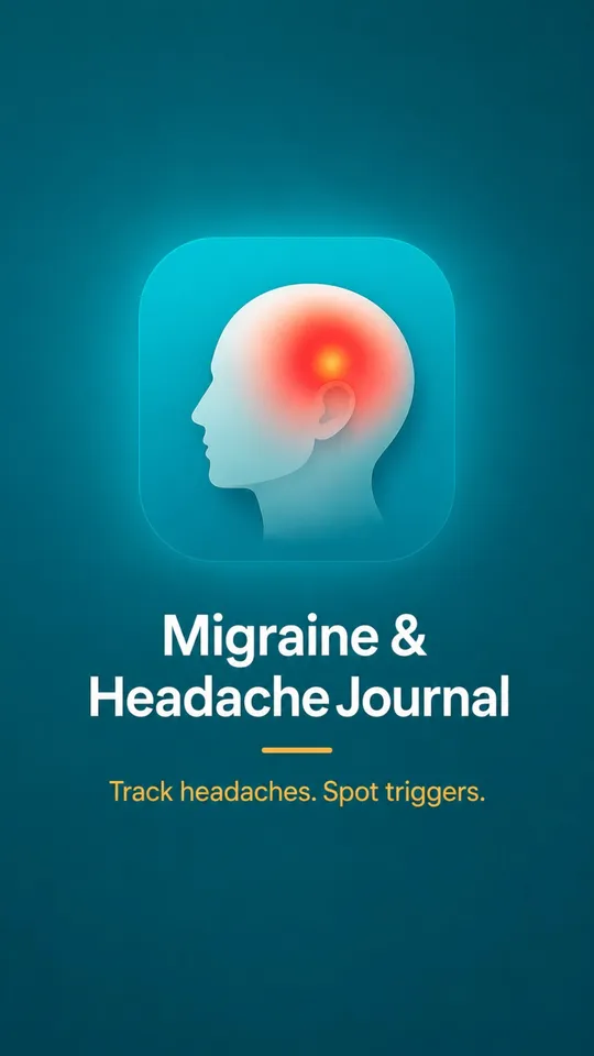 The MigraineLog launch screen: the head-in-profile icon on a deep teal field, the name Migraine and Headache Journal, and the line Track headaches. Spot triggers.