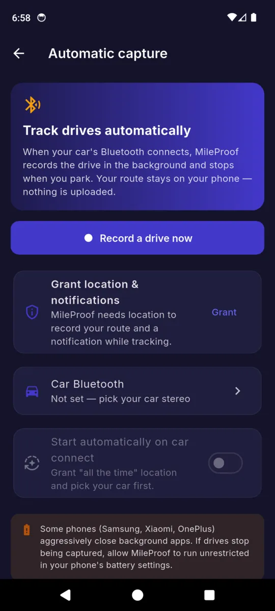 The MileProof automatic capture screen explaining that it records when the car Bluetooth connects and stops when you park, with permission and car Bluetooth setup rows