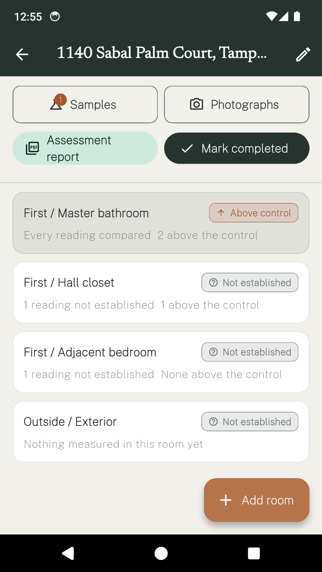 A MoldProof assessment listing four rooms, one above control and three with nothing established.
