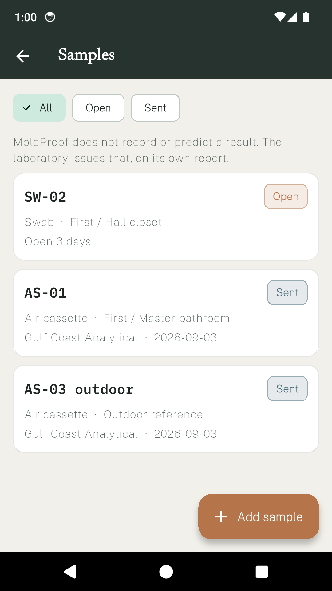 The MoldProof samples list filtered to all, showing an open swab and two air cassettes already sent to a laboratory.