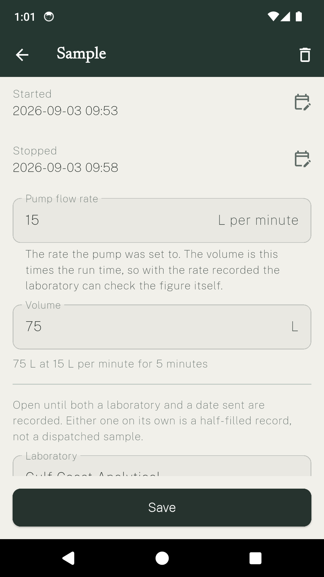 A MoldProof air cassette sample recording a pump flow rate of fifteen litres a minute and a volume of seventy five litres over five minutes.