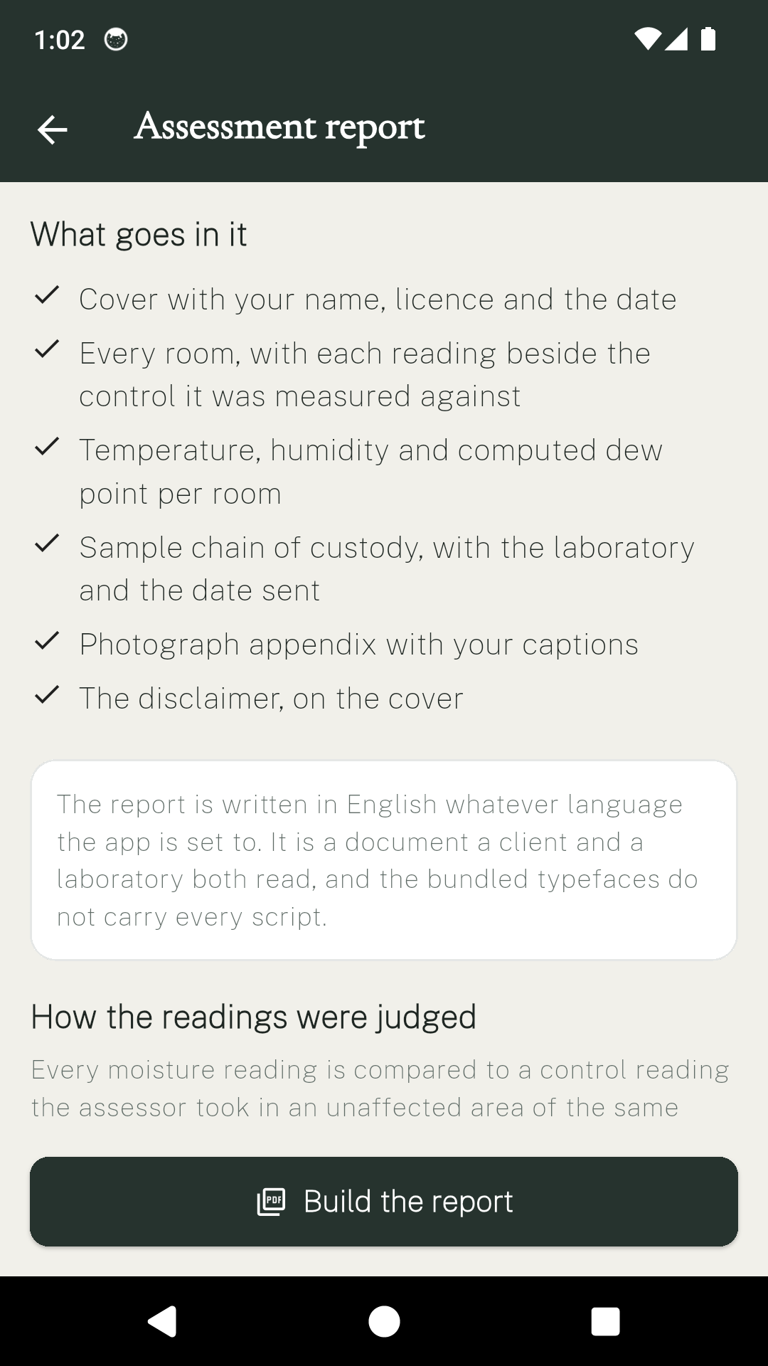 The MoldProof report screen listing what the report contains, including temperature, humidity and computed dew point per room.