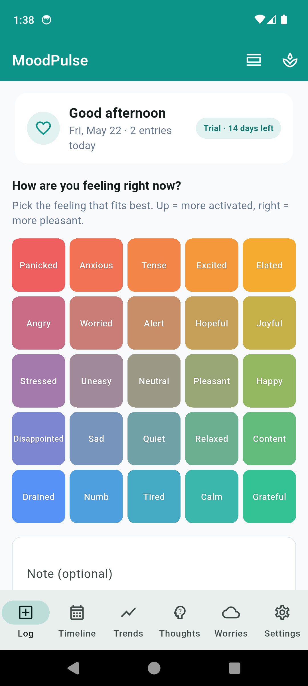 MoodPulse home screen with the 5x5 valence/arousal emotion grid