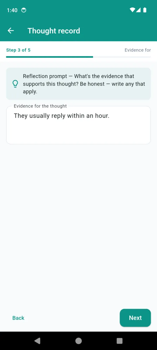 Step 3 of 5 of a MoodPulse thought record, asking for the evidence that supports the thought