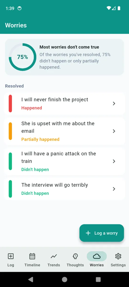 The MoodPulse worries screen with a 75 percent ring and four resolved worries marked happened, partially happened or didn't happen