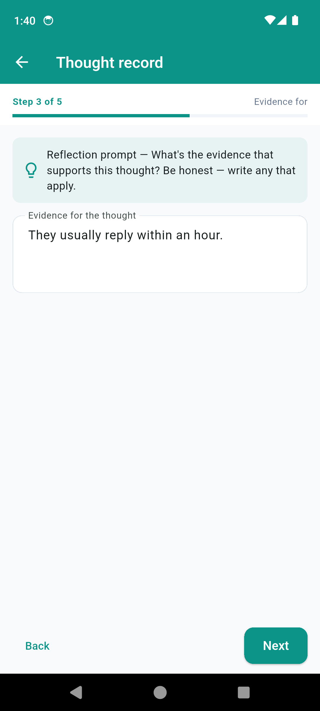 MoodPulse CBT thought record editor showing the 5-step guided form