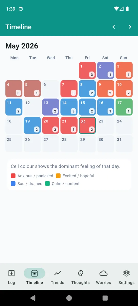 A month calendar in MoodPulse where each day is a coloured square showing the dominant feeling logged that day