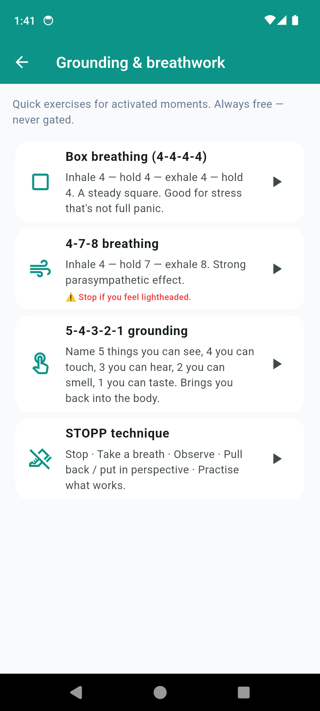 MoodPulse grounding and breathwork toolkit with 4-7-8, box breathing, 5-4-3-2-1 and STOPP