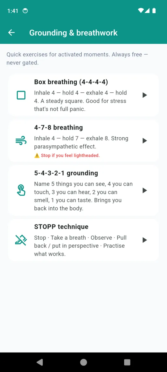 The MoodPulse grounding screen listing box breathing, 4-7-8 breathing, 5-4-3-2-1 grounding and the STOPP technique