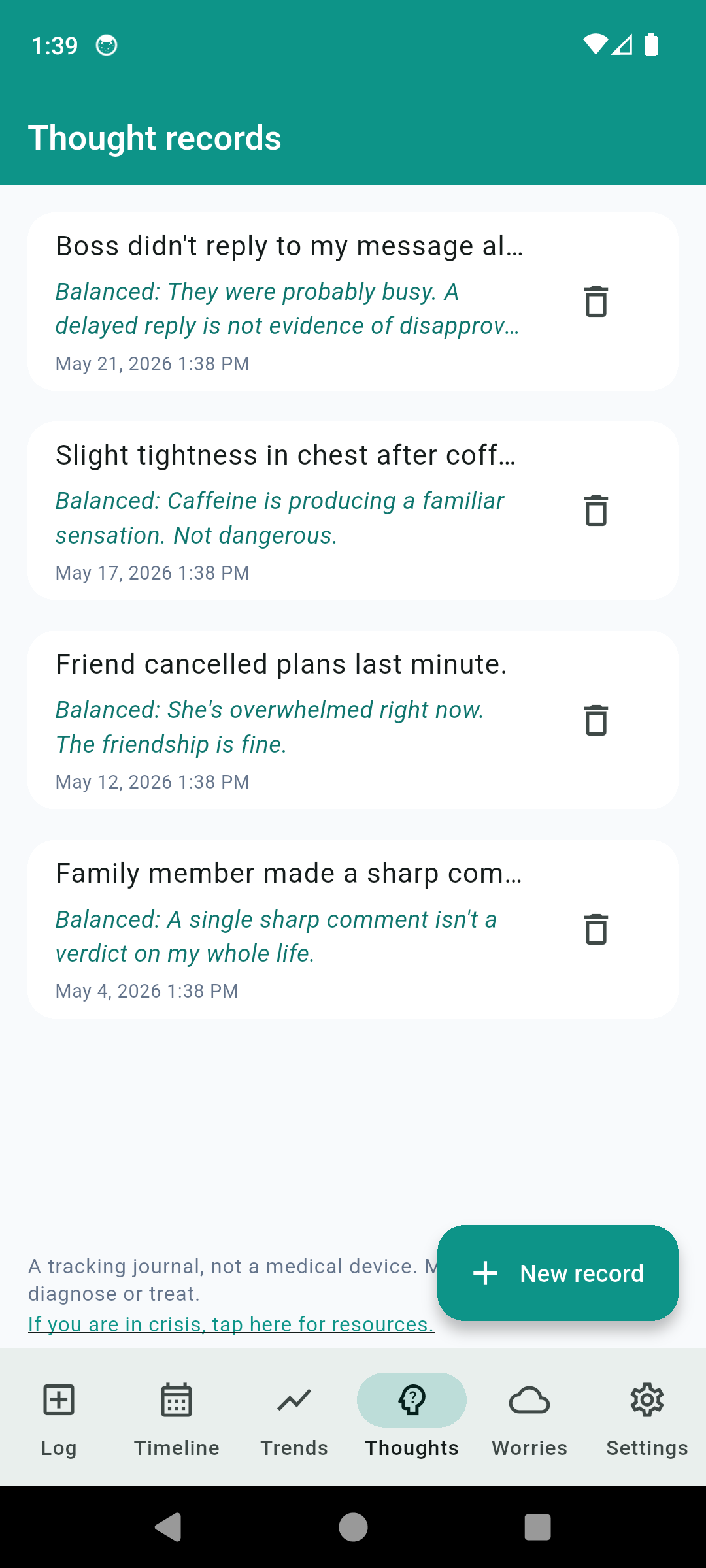 MoodPulse day view showing multiple mood entries for a single day