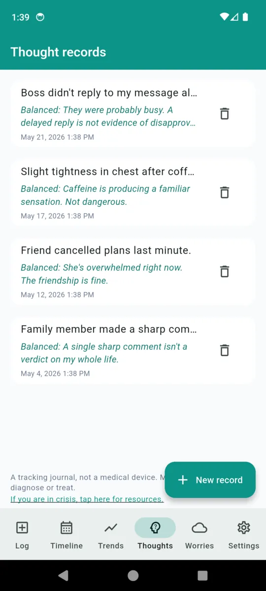 A list of saved MoodPulse thought records, each showing the situation and the balanced thought