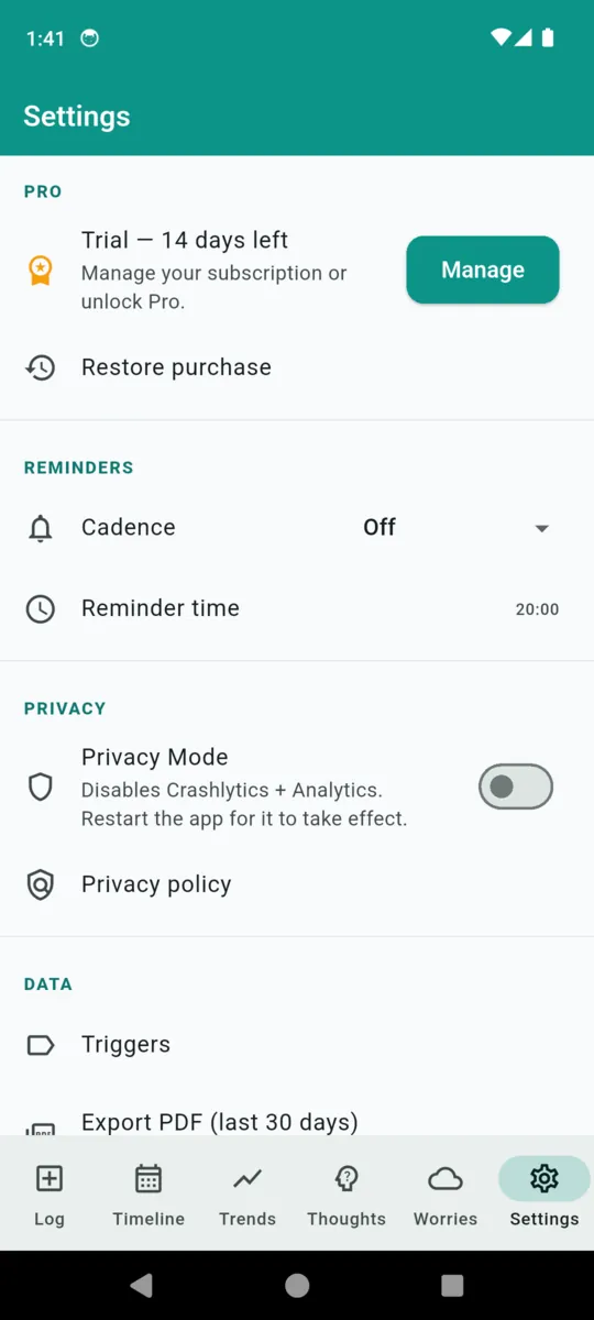 The MoodPulse settings screen showing reminder cadence, reminder time, a Privacy Mode toggle and PDF export